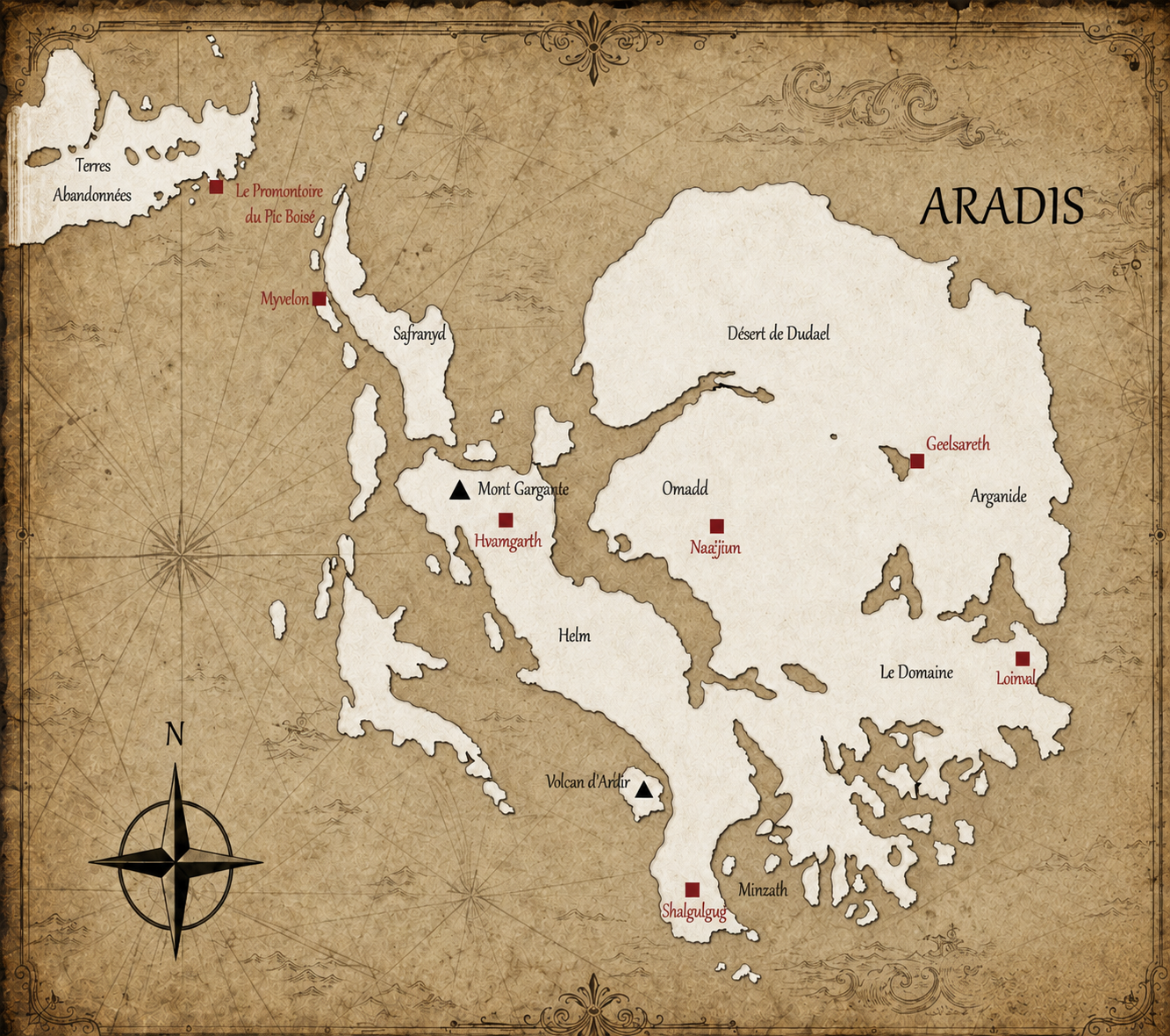 Carte du continent d’Aradis dans l’univers d’Exorde